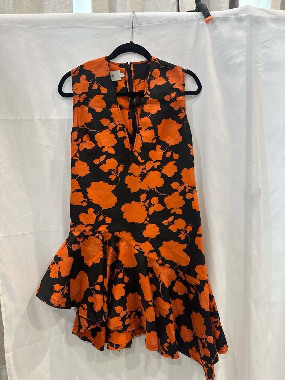 Marques' Almeida Orange and Black Floral Asymmetrical Hem V-Neck Sleeveless Dres